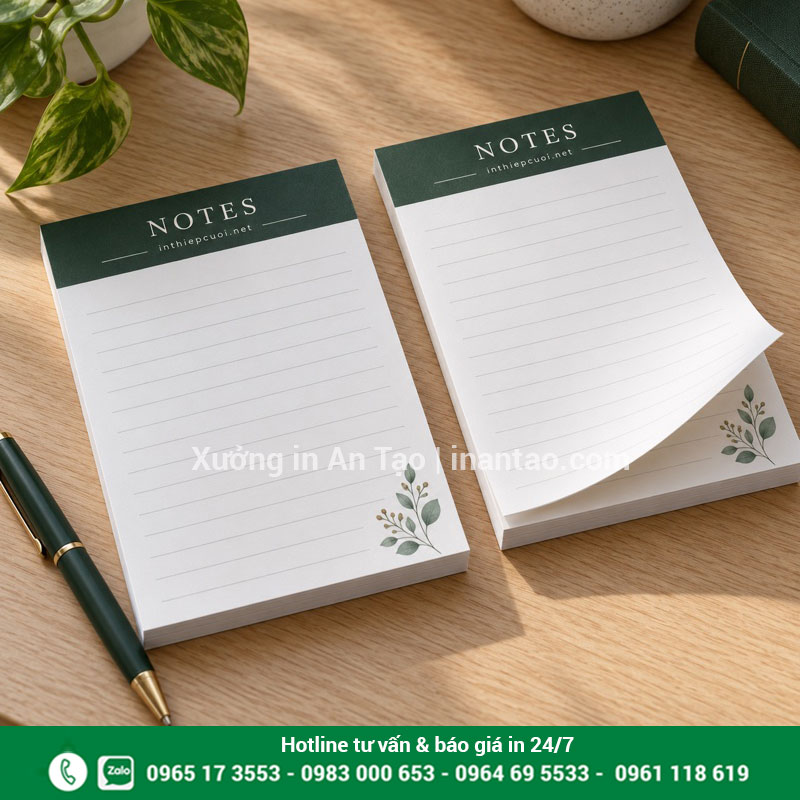 Mẫu in giấy note dán keo đầu, ruột kẻ dòng Hai tập giấy note kẻ dòng dán keo đầu với thiết kế thương hiệu trên từng tờ