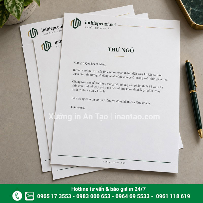 Mẫu in giấy tiêu đề A4 theo nhận diện thương hiệu Mẫu giấy tiêu đề A4 in logo inthiepcuoi.net với bố cục xanh lá và khoảng trống soạn thư