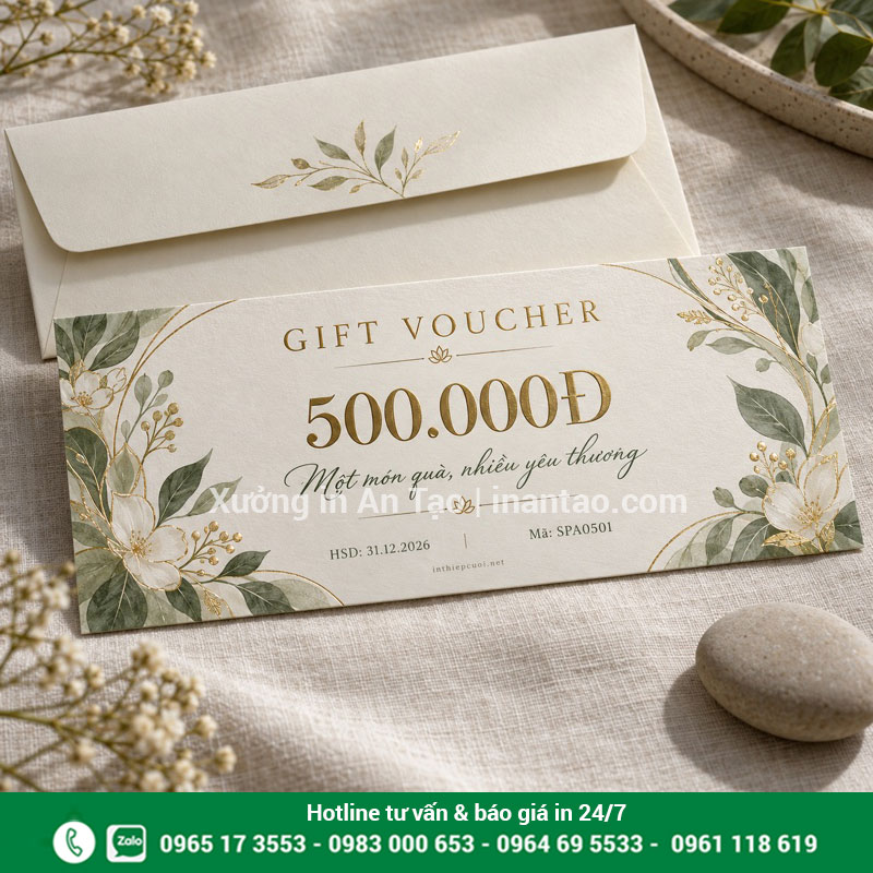 Gift voucher 500.000 đồng và phong bì đồng bộ Gift voucher 500.000 đồng họa tiết lá xanh đi kèm phong bì màu kem