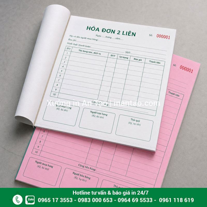 Mẫu in hoá đơn 2 liên có số nhảy In hóa đơn bán lẻ 2 liên giấy carbonless trắng hồng