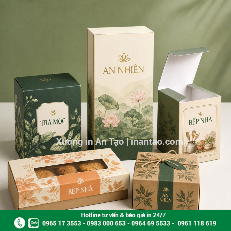 In hộp giấy theo yêu cầu tại inthiepcuoi.net Bộ mẫu in hộp giấy hoàn thiện cho mỹ phẩm trà bánh và quà tặng