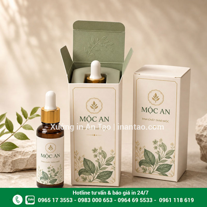 In hộp giấy mỹ phẩm theo thiết kế thương hiệu Hộp giấy mỹ phẩm Ivory in họa tiết thảo mộc và ép kim