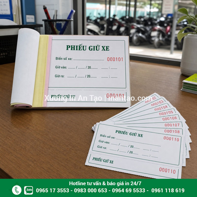 Mẫu in phiếu giữ xe đóng cuốn In phiếu giữ xe có cuống và số nhảy liên tục