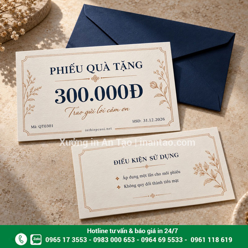 Phiếu quà tặng 300.000 đồng có điều kiện ở mặt sau Phiếu quà tặng 300.000 đồng hai mặt với điều kiện sử dụng và phong bì xanh đậm