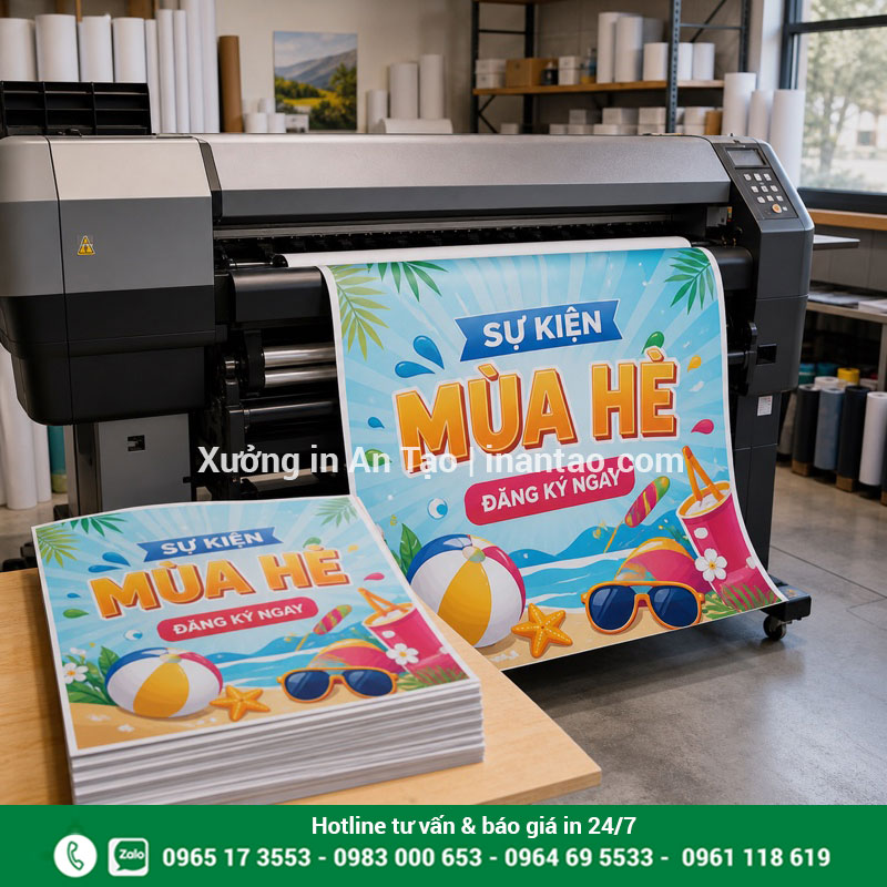 In poster lấy liền bằng công nghệ kỹ thuật số Máy in poster lấy liền và thành phẩm đã cắt