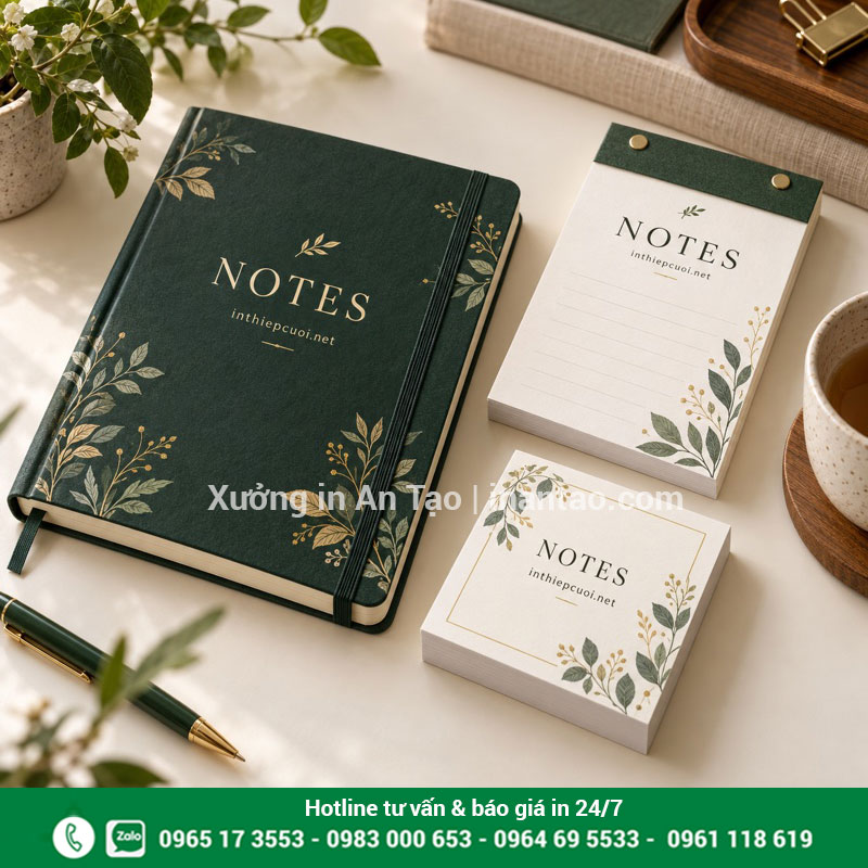 Mẫu in sổ note theo yêu cầu tại inthiepcuoi.net Bộ sổ note và tập giấy ghi chú thiết kế tông xanh với họa tiết lá