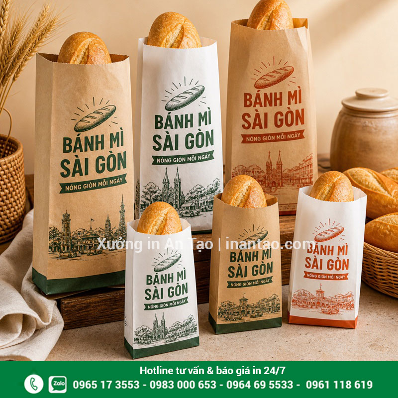 In túi bánh mì đẹp theo nhận diện quán Mẫu in túi bánh mì theo yêu cầu bằng giấy kraft và giấy trắng