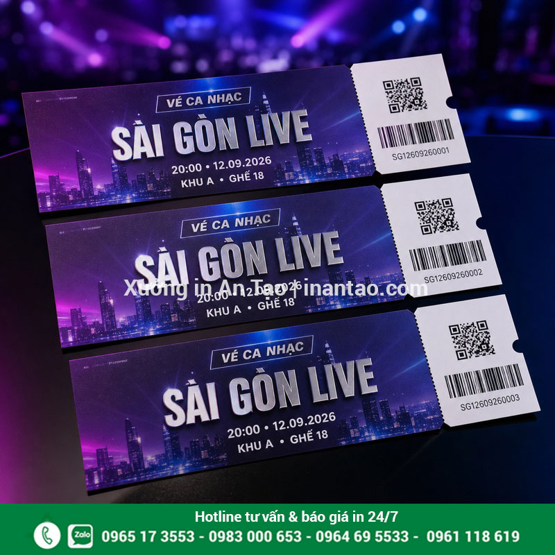 In vé ca nhạc thiết kế hiện đại dễ kiểm soát Mẫu in vé ca nhạc có QR code và cuống xé