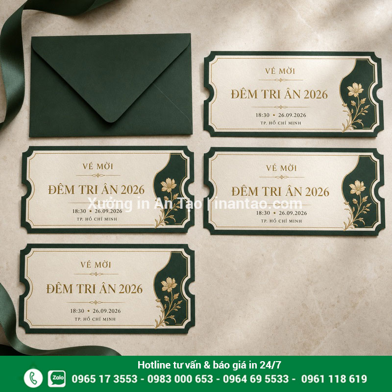 In vé mời sự kiện trang trọng cho doanh nghiệp Bộ in vé mời sự kiện trên giấy mỹ thuật ép kim