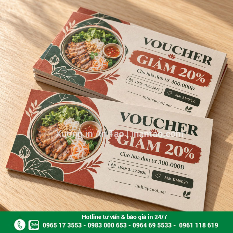 Mẫu voucher giảm 20 phần trăm cho nhà hàng Voucher nhà hàng giảm 20 phần trăm cho hóa đơn từ 300.000 đồng trên nền giấy màu kem