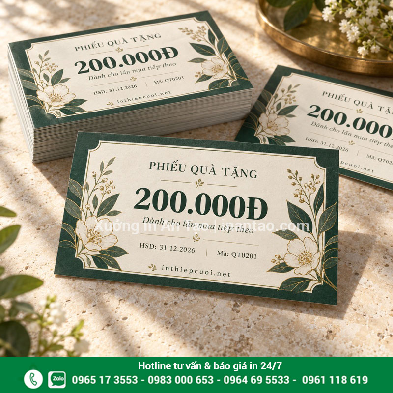 Mẫu voucher 200.000 đồng theo yêu cầu Mẫu voucher mệnh giá 200.000 đồng màu xanh kem với họa tiết hoa và mã quản lý