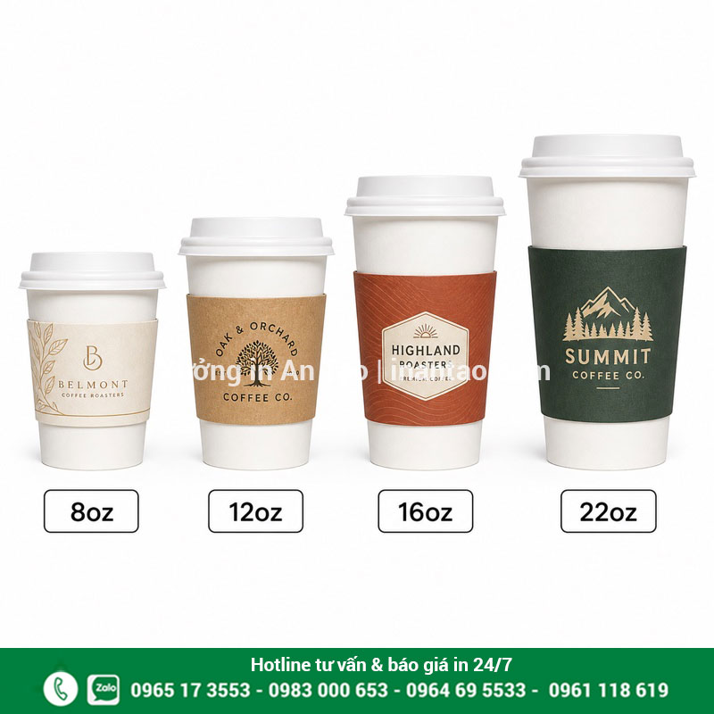 Chọn kích thước cover ly giấy theo dung tích cốc Kích thước cover ly giấy cho cốc 8oz 12oz 16oz và 22oz