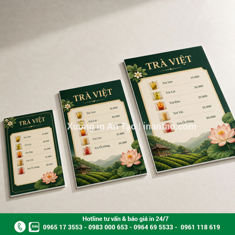 Kích thước menu fomex phổ biến A5 A4 A3 Ba kích thước menu fomex A5 A4 A3 đặt cạnh nhau để so sánh