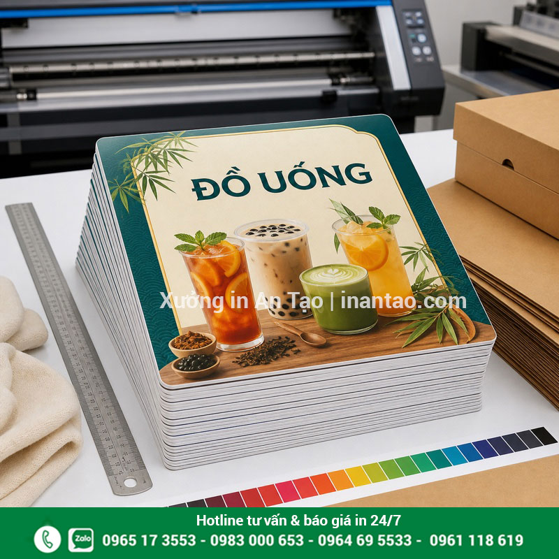 Kiểm tra thành phẩm menu formex tại xưởng Chồng menu formex thành phẩm được kiểm tra cạnh bo và màu trước khi đóng gói