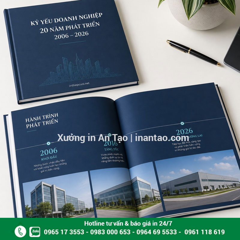 Mẫu kỷ yếu công ty kỷ niệm 20 năm Kỷ yếu doanh nghiệp 20 năm với bìa xanh và trang lịch sử phát triển