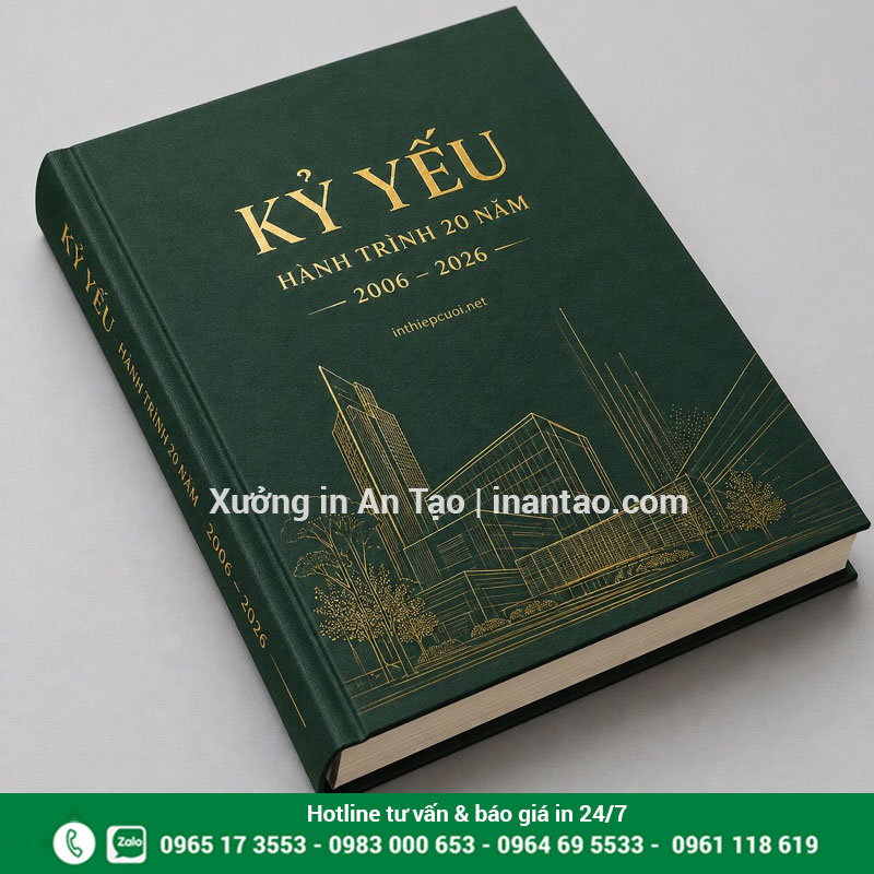 Làm bìa kỷ yếu cứng với điểm nhấn ép nhũ Mẫu bìa kỷ yếu xanh đậm ép nhũ vàng kỷ niệm 20 năm