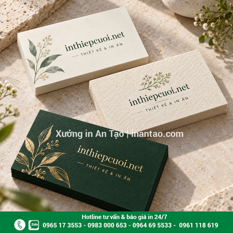Gợi ý chất liệu và gia công danh thiếp Ba mẫu danh thiếp bề mặt mịn, giấy có vân và hiệu ứng ép kim