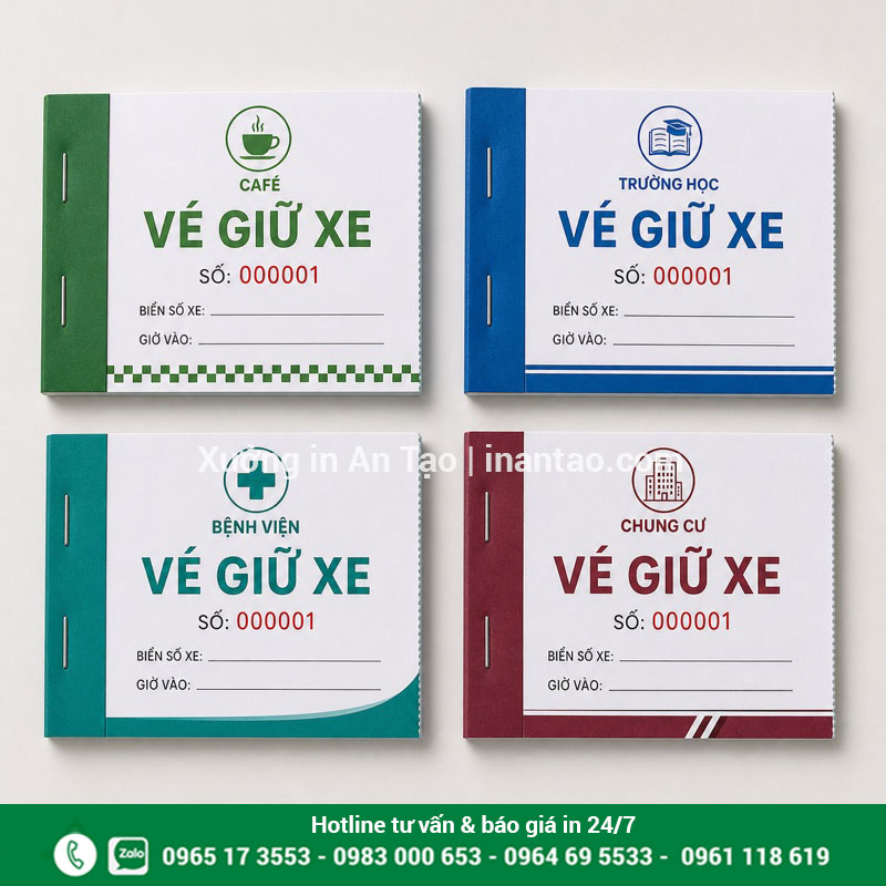 Các mẫu vé giữ xe thiết kế theo từng ngành Mẫu in vé giữ xe cho quán cà phê, trường học, bệnh viện và chung cư