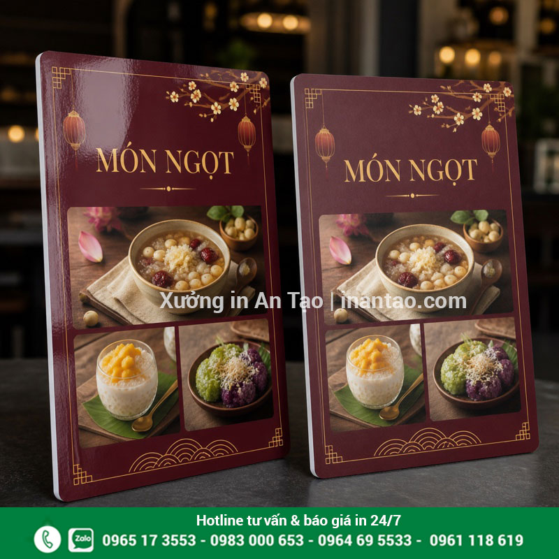 So sánh menu cán formex bóng và mờ Hai mẫu menu cán formex bóng và mờ thể hiện độ phản sáng khác nhau