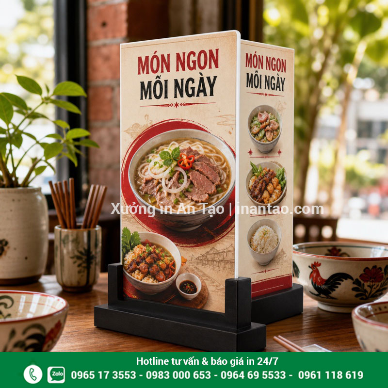 Mẫu menu decal dán formex để bàn hai mặt Menu decal dán formex hai mặt đặt trong chân đỡ tại quán món Việt