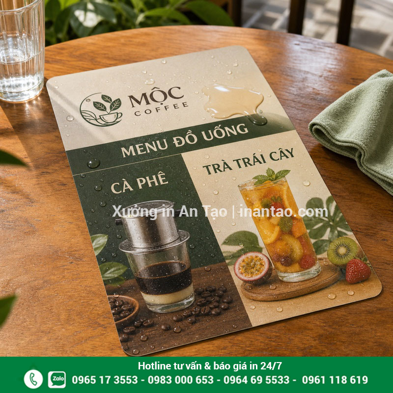 Menu nhựa chống nước và dễ vệ sinh bề mặt Thử nước trên menu nhựa chống nước đã in hoàn chỉnh