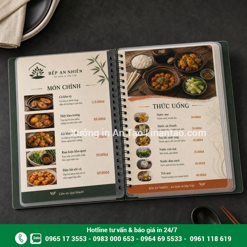 Mẫu menu nhựa PVC đóng lò xo dễ lật mở Menu nhựa PVC đóng lò xo mở phẳng với nhiều trang món ăn