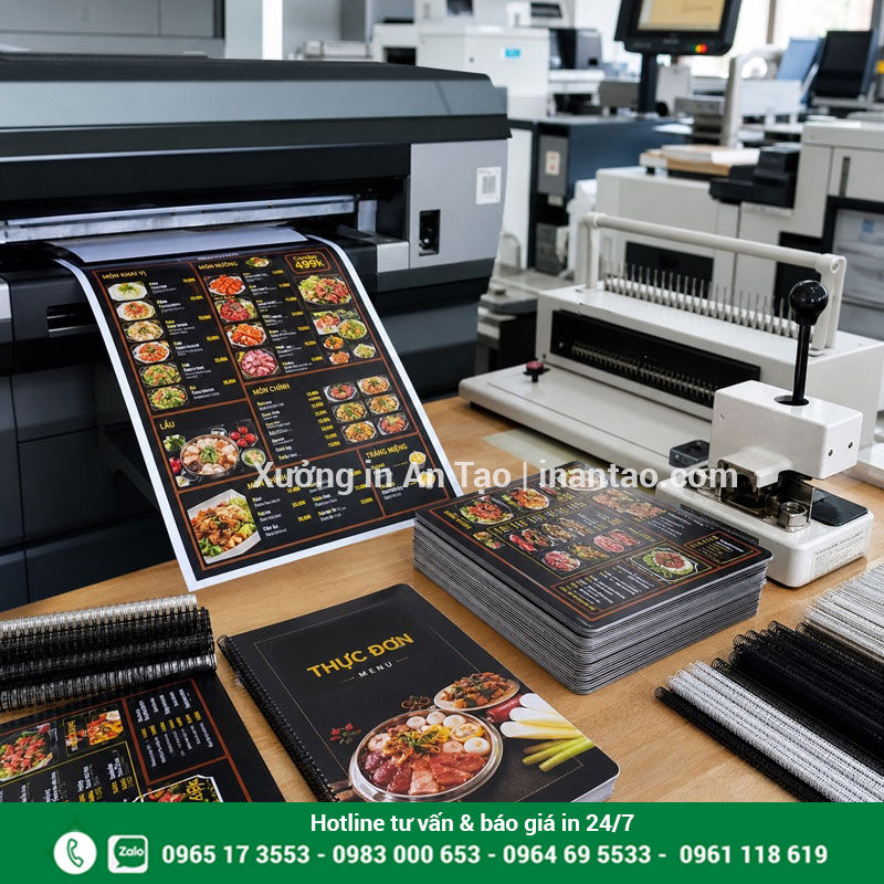 Quy trình in menu nhựa và gia công thành phẩm Máy in và công đoạn gia công menu nhựa tại xưởng