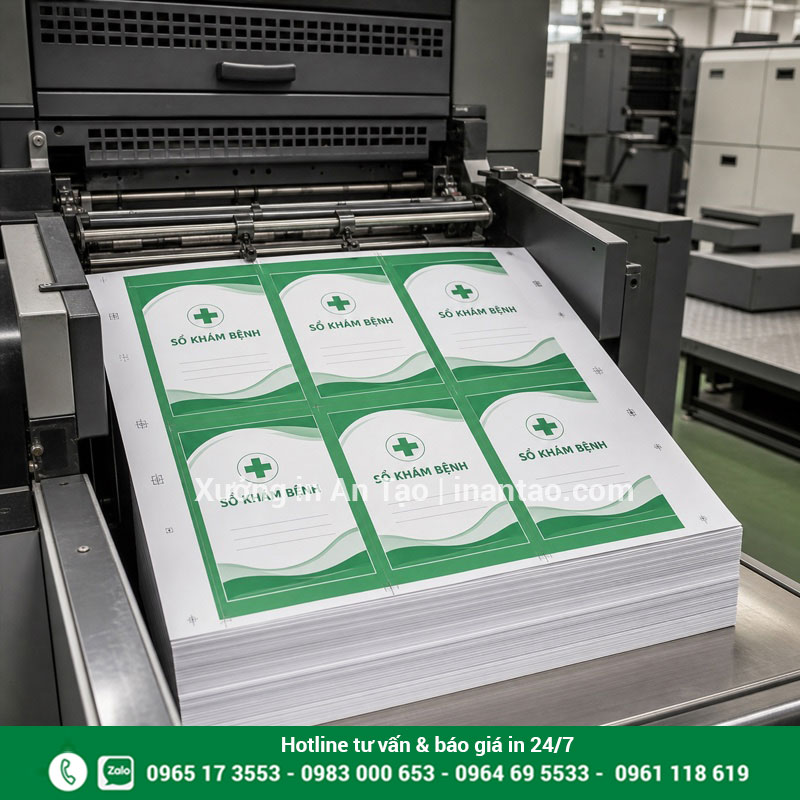 Quy trình in sổ khám bệnh bằng máy offset Máy offset đang in bìa sổ khám bệnh màu xanh