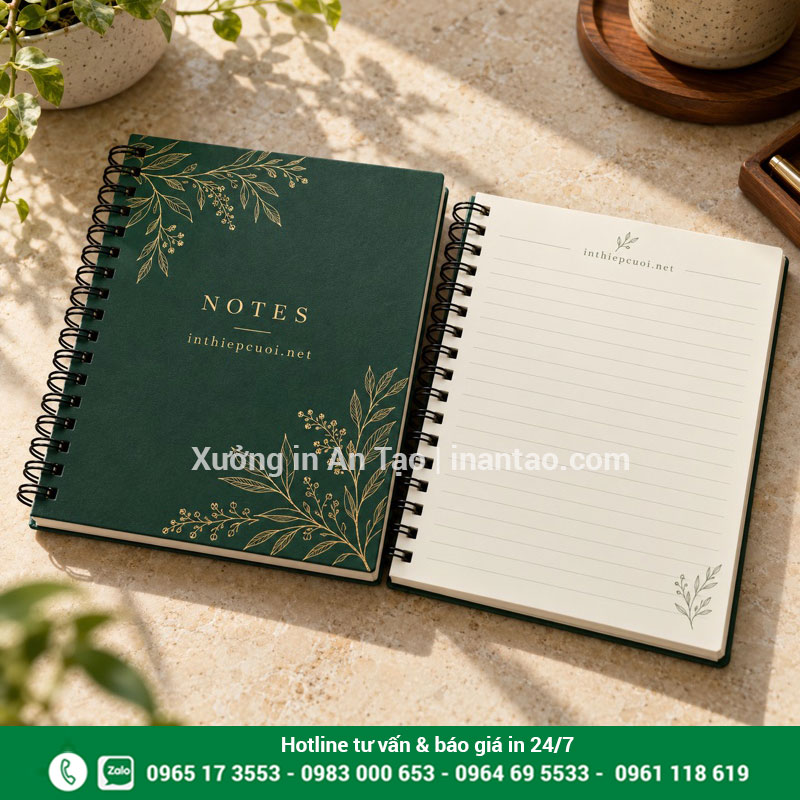 Thiết kế sổ ghi chú in logo đóng lò xo Sổ ghi chú đóng lò xo có bìa xanh in thương hiệu và ruột giấy kẻ dòng