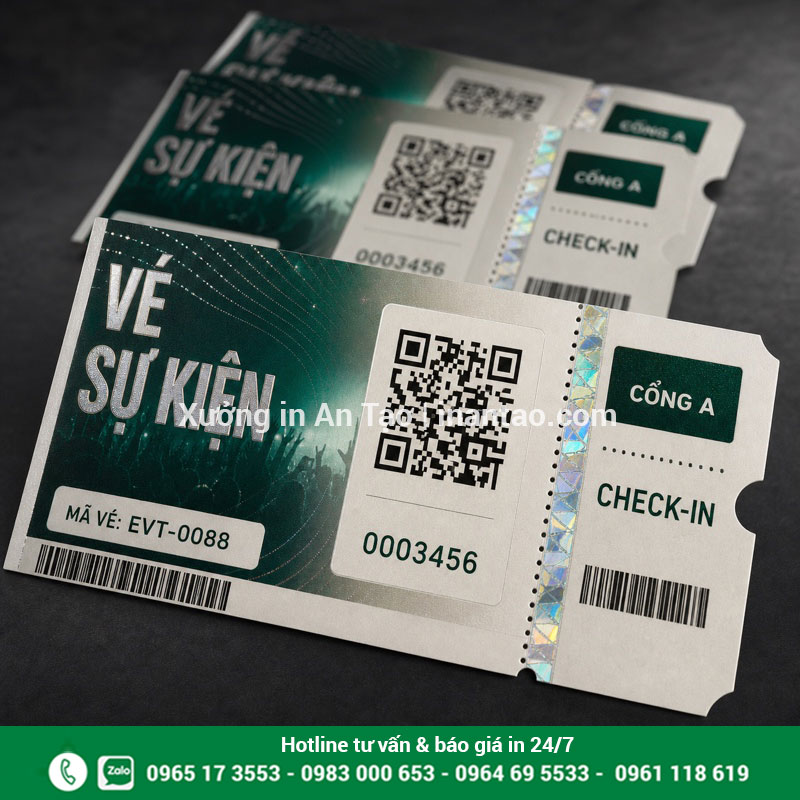 Gia công QR code số nhảy và cuống xé cho vé Chi tiết vé sự kiện có QR barcode số nhảy và đường xé