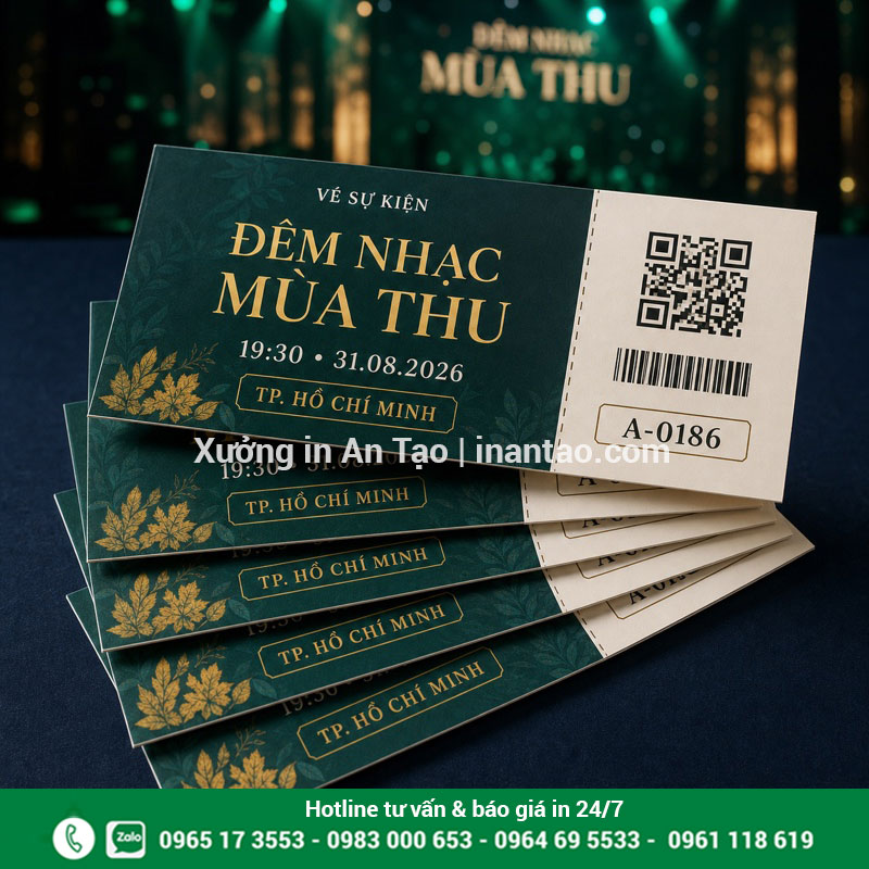 Vé sự kiện đẹp in theo yêu cầu tại inthiepcuoi.net Mẫu vé sự kiện in hoàn chỉnh có QR code và đường xé