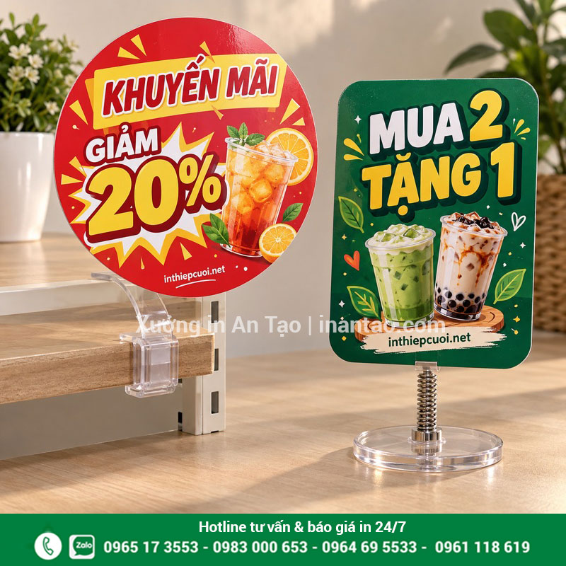 Mẫu wobbler quảng cáo tại inthiepcuoi.net Mẫu wobbler hình tròn và chữ nhật với thiết kế khuyến mãi hoàn chỉnh