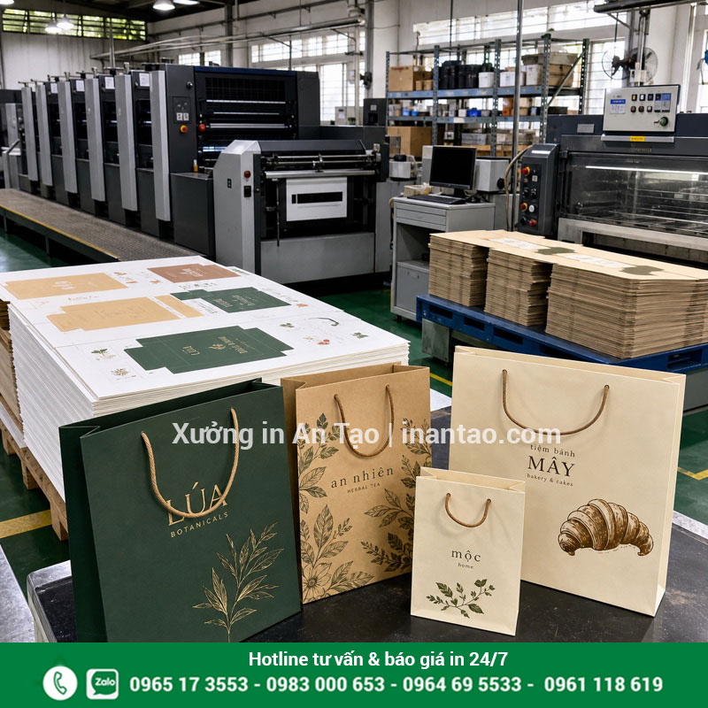 Quy trình tại xưởng in túi giấy TPHCM Xưởng in túi giấy hcm với máy in và thành phẩm đã bế dán